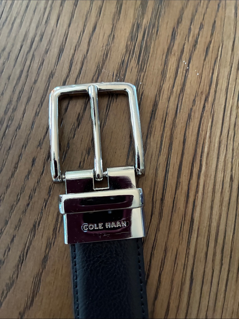 Cole Haan Black Leather Belt with Polished Silver-Tone Buckle